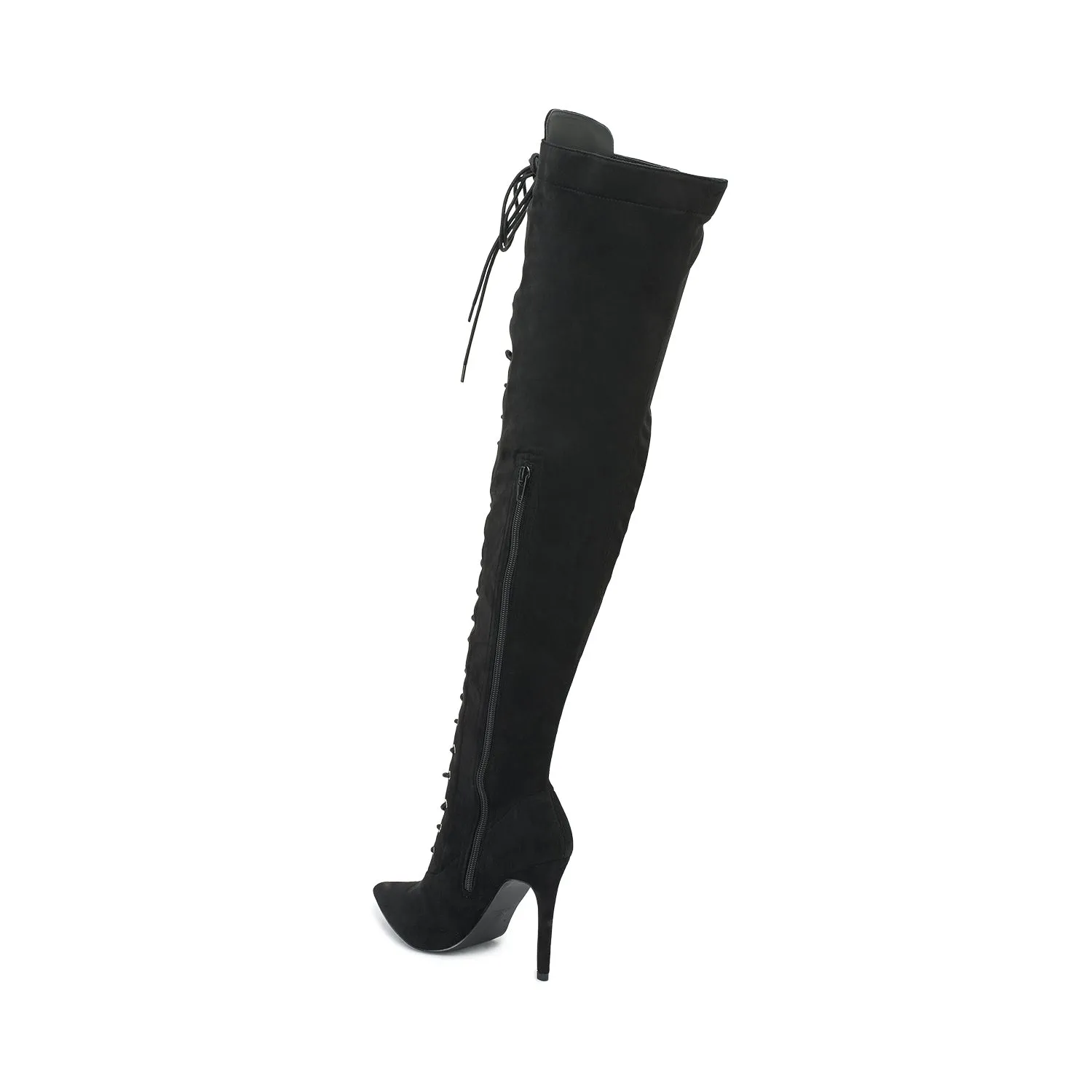 Black Faux Suede Stiletto Lace Up Thigh High Boots