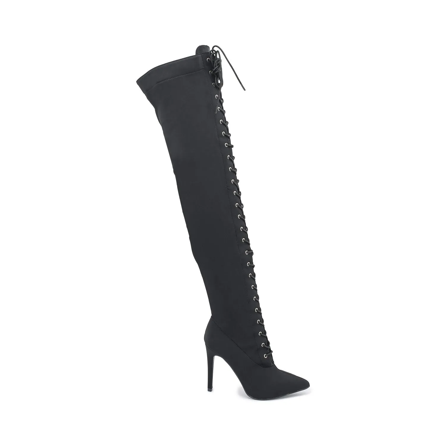 Black Lycra Stiletto Lace Up Thigh High Boots