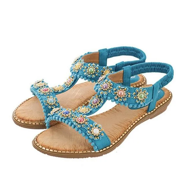 Bohemian Casual Women Sandals Fashion Women Round Toe Crystal Flat Bottom Beach Shoes