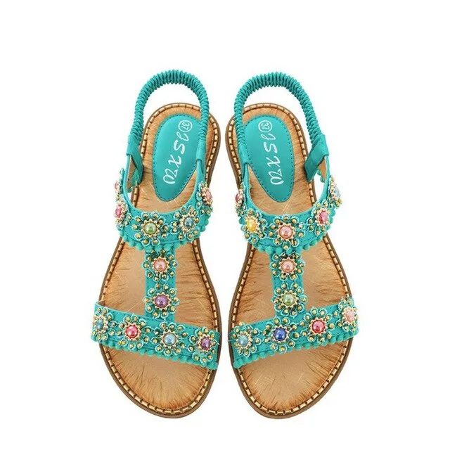 Bohemian Casual Women Sandals Fashion Women Round Toe Crystal Flat Bottom Beach Shoes