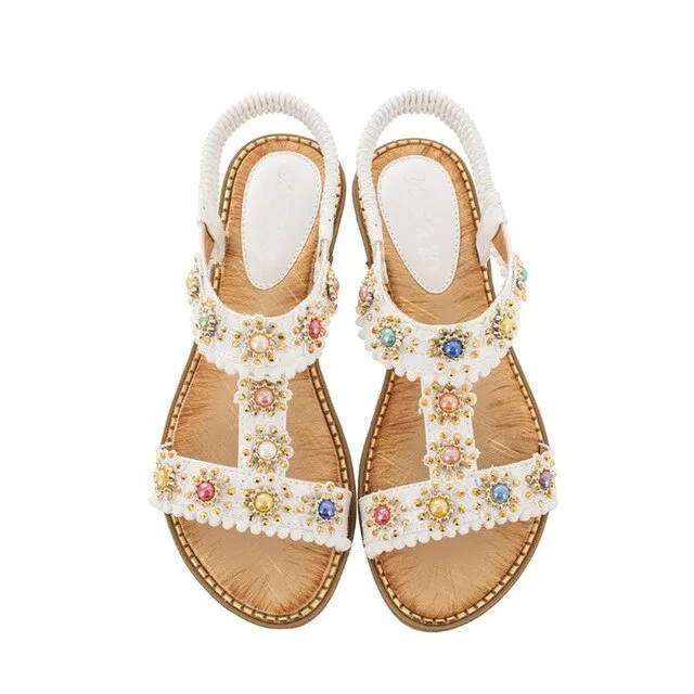 Bohemian Casual Women Sandals Fashion Women Round Toe Crystal Flat Bottom Beach Shoes