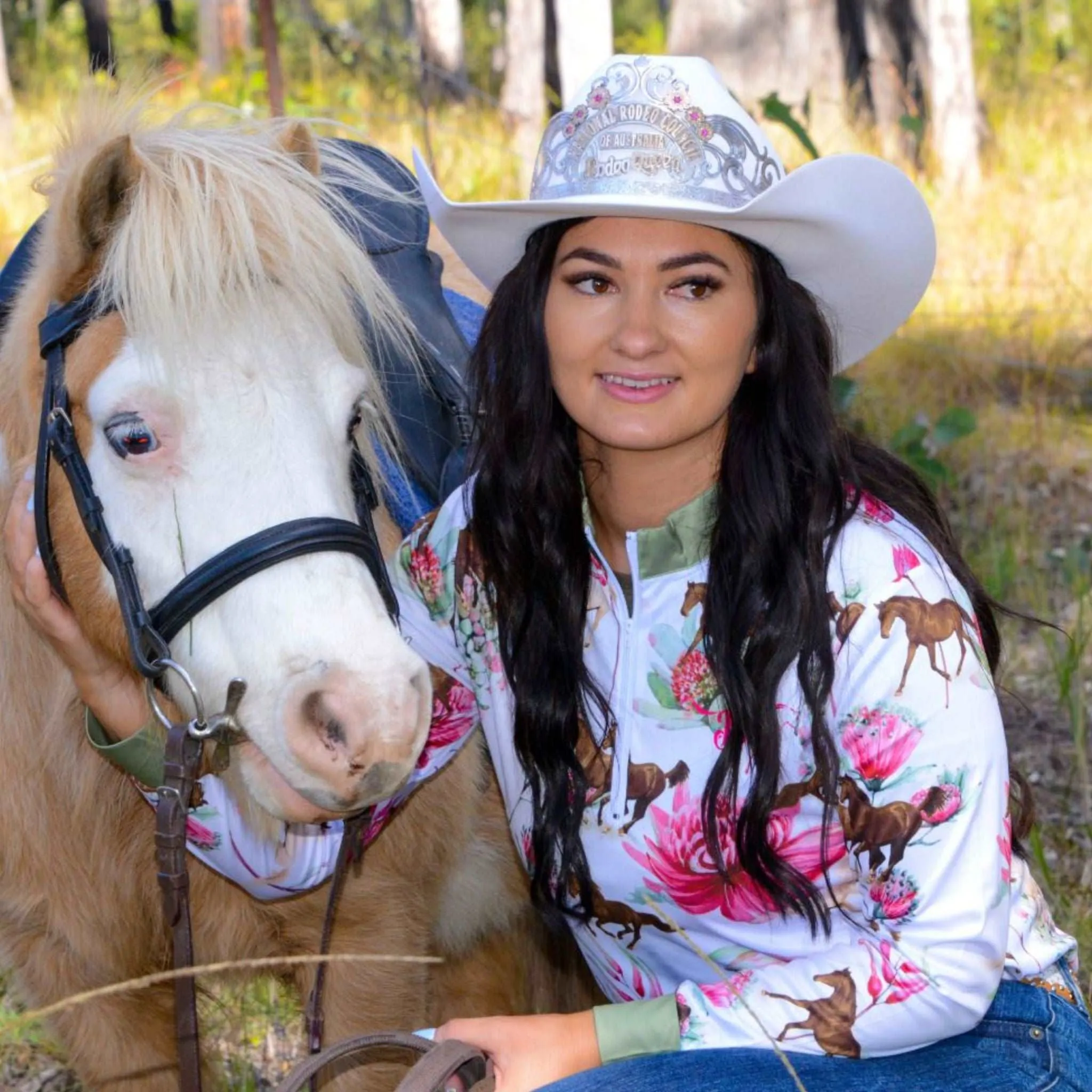 Girls Equestrian Shirt 'Petals & Ponies' with white equestrian collar.