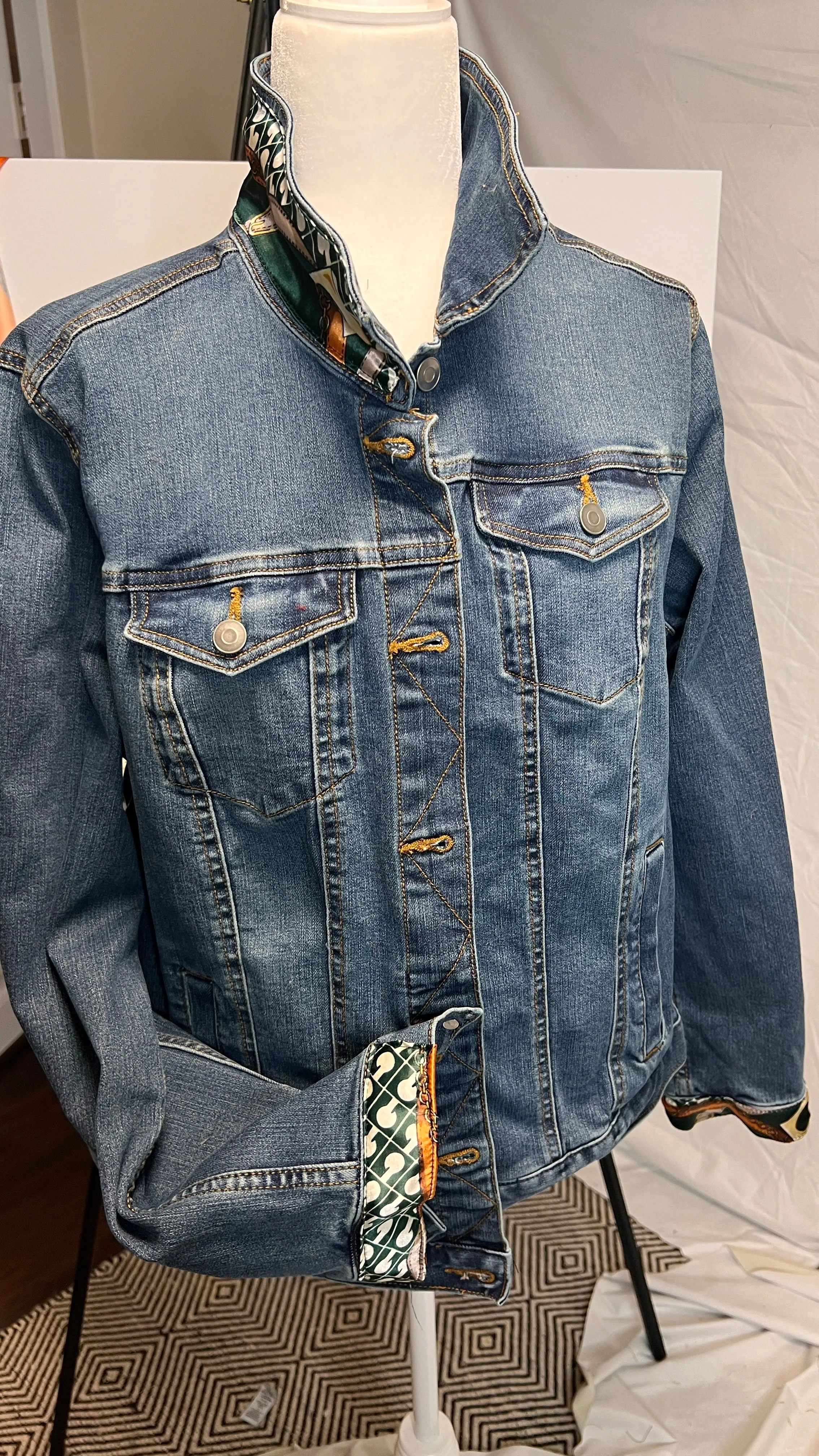 Green Bridles and Bits Scarf on Denim Jacket