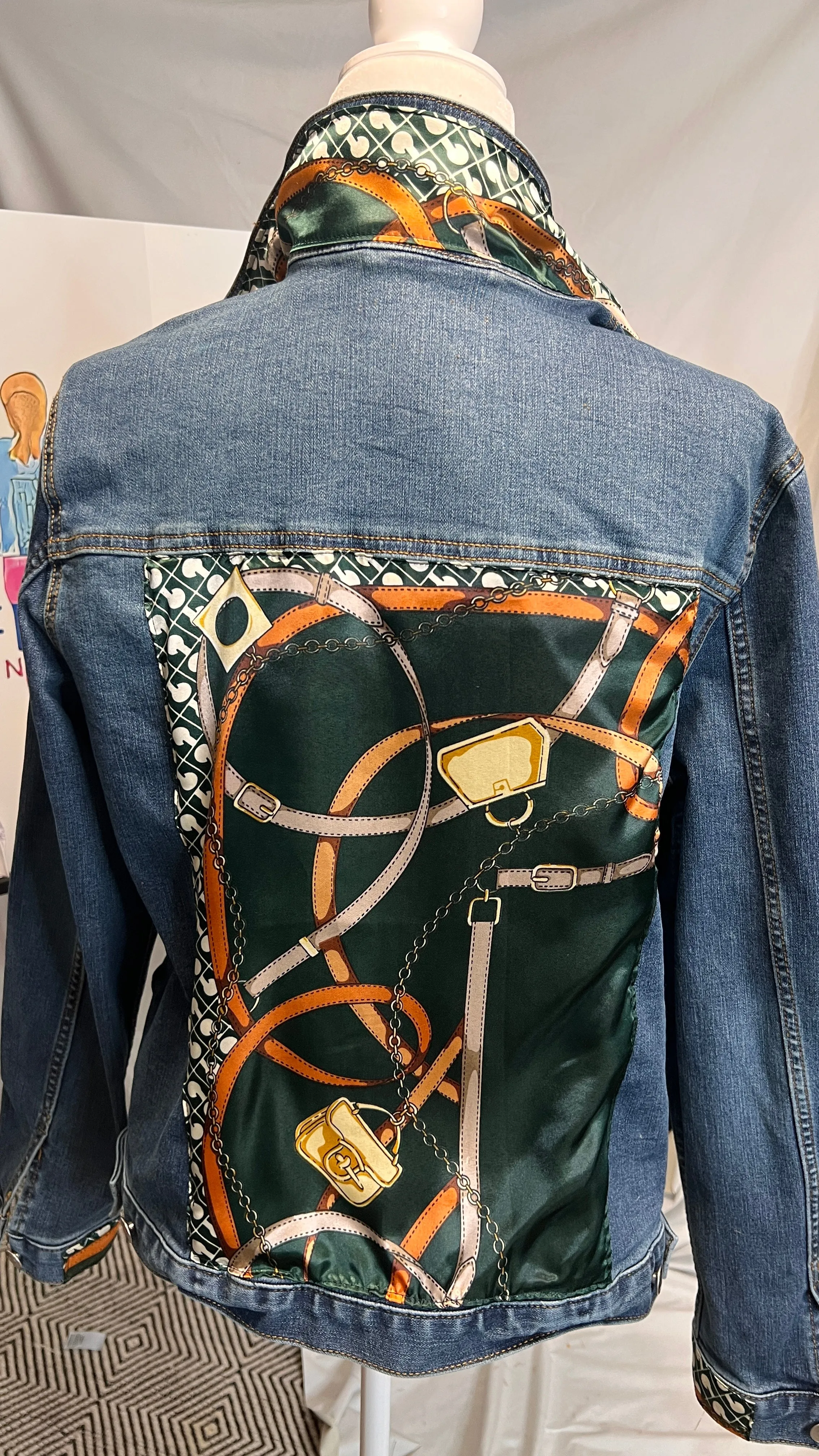 Green Bridles and Bits Scarf on Denim Jacket