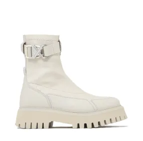 Groovy Stretch Buckle White Ankle Boots