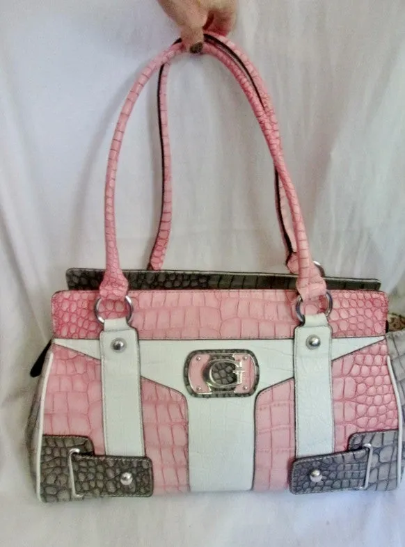 GUESS JACEY Vegan Faux Leather TOTE Bag Shoulder Bag Carryall PINK GRAY Croc Satchel