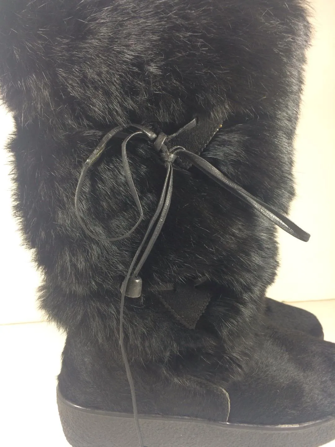 KRISTINA Black Fur Boots with Rubber Sole and Leather Ties Size 7 1/2