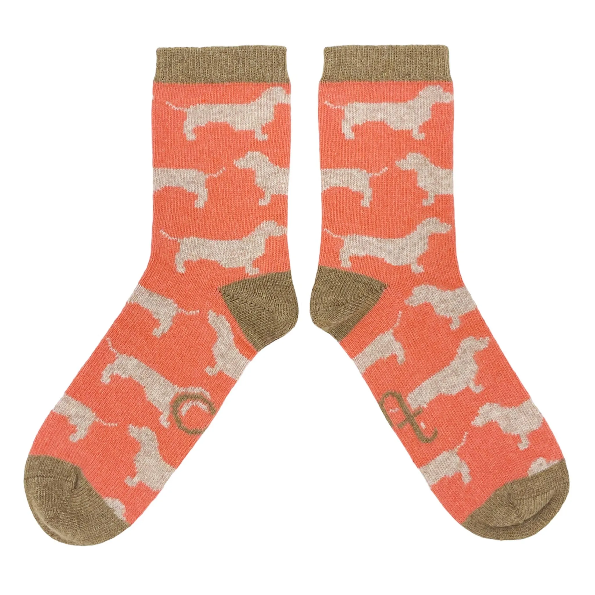 Ladies Coral Sausage Dog Lambswool Ankle Socks