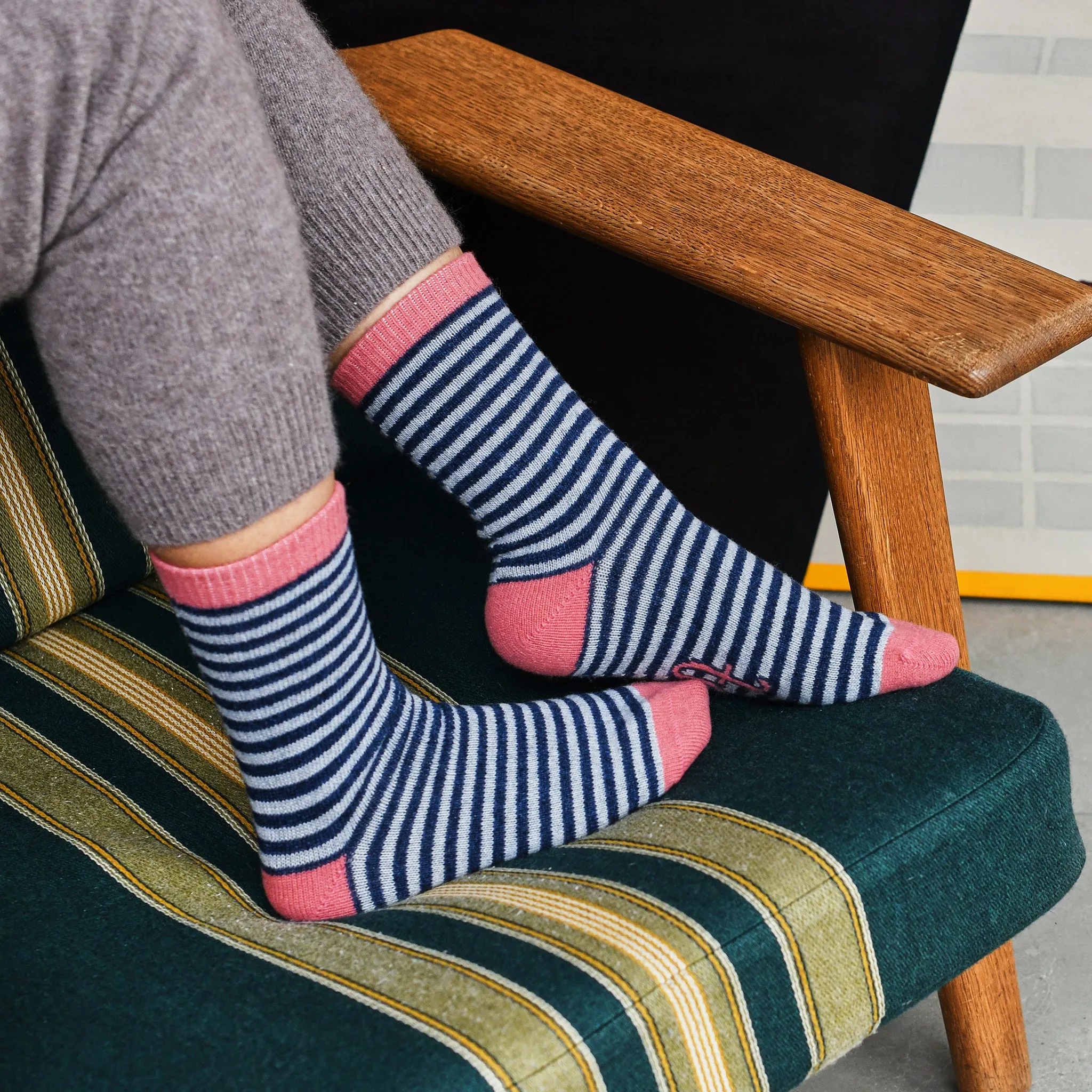 Ladies Grey & Navy Stripe Lambswool Ankle Socks