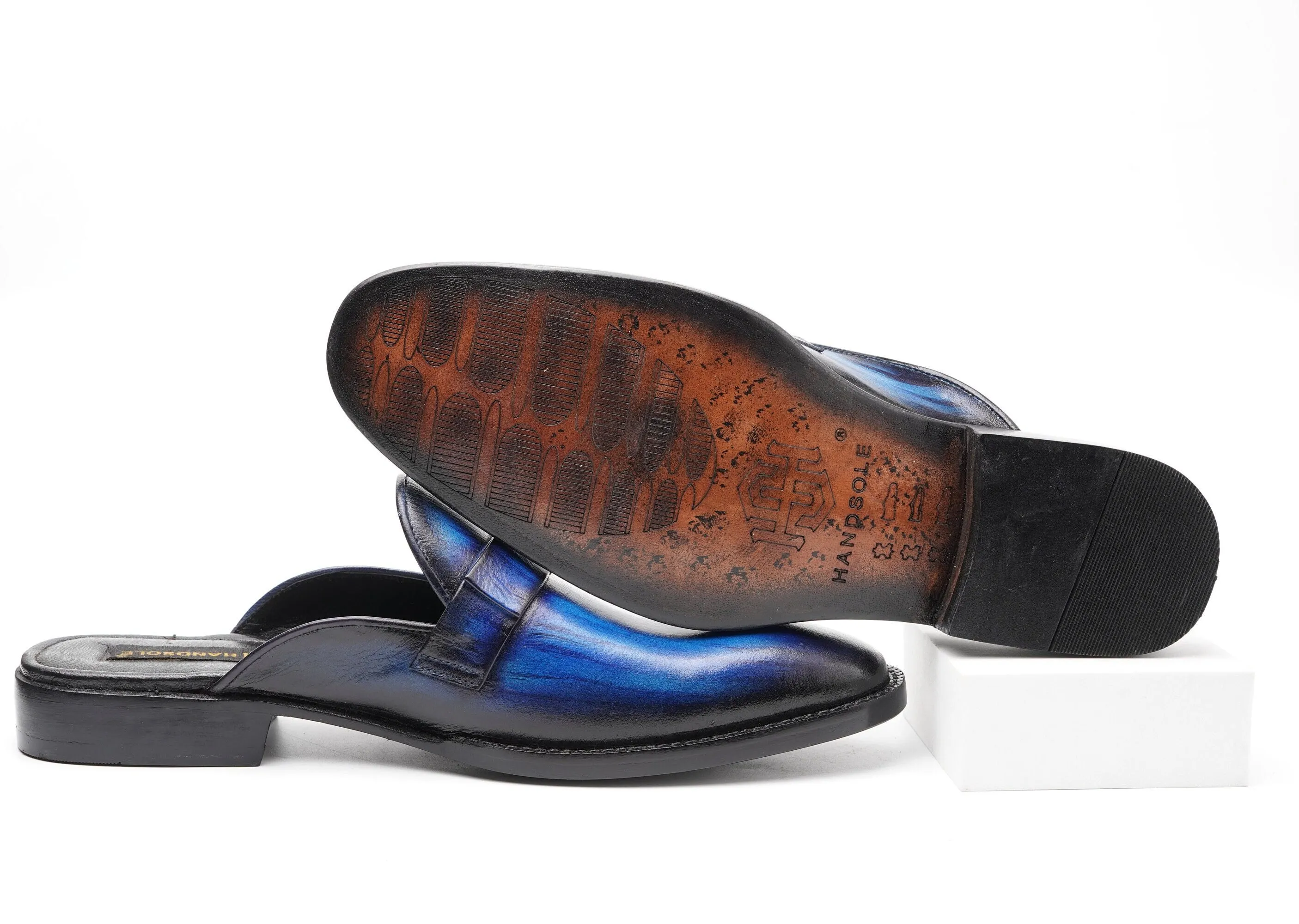 One Piece Royal Blue With Bow backless loafer Slip On Mule Custom Made-To-Order Shoes Premium Quality Handmade With Patina Finish