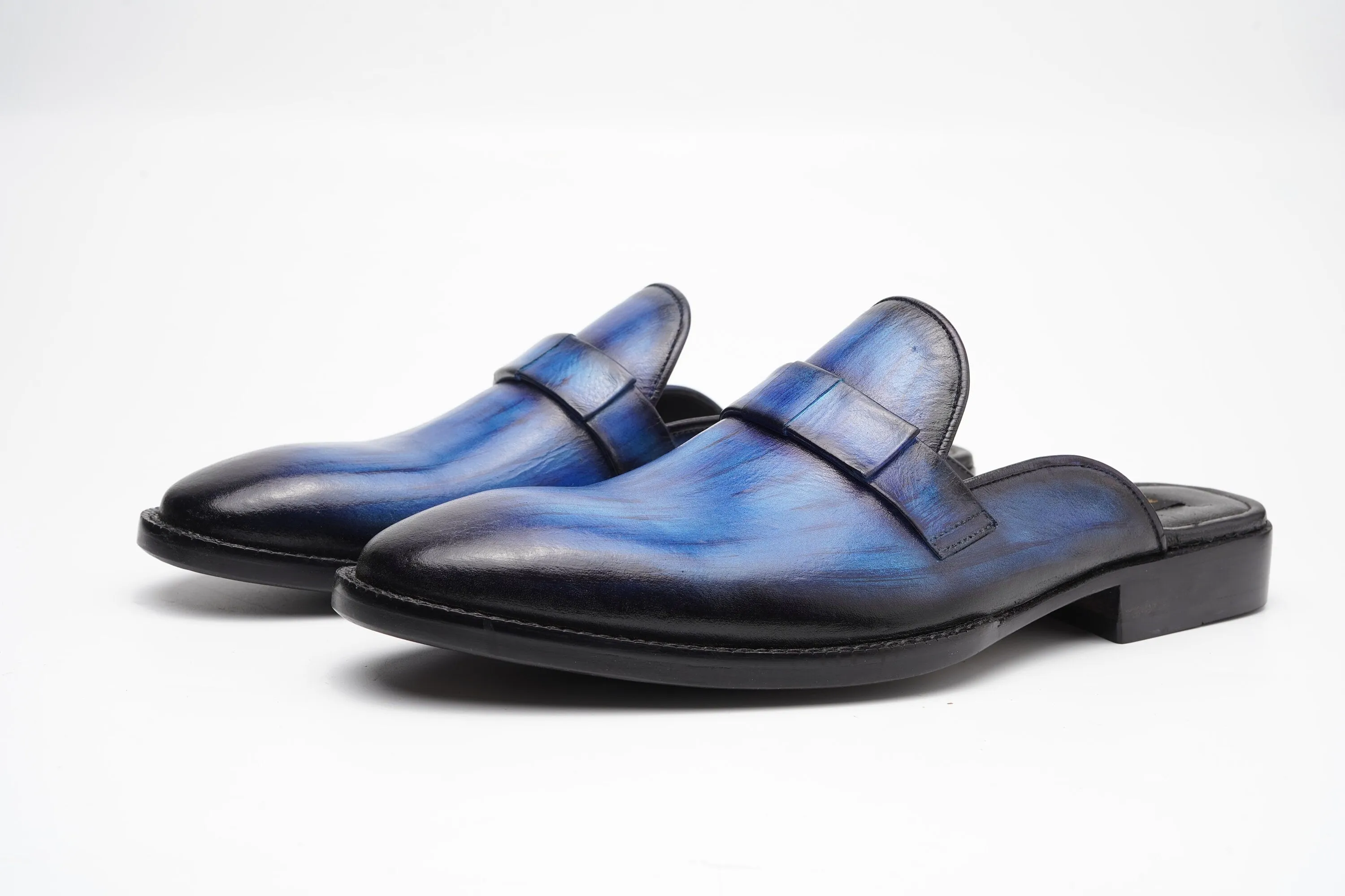 One Piece Royal Blue With Bow backless loafer Slip On Mule Custom Made-To-Order Shoes Premium Quality Handmade With Patina Finish