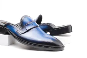 One Piece Royal Blue With Bow backless loafer Slip On Mule Custom Made-To-Order Shoes Premium Quality Handmade With Patina Finish